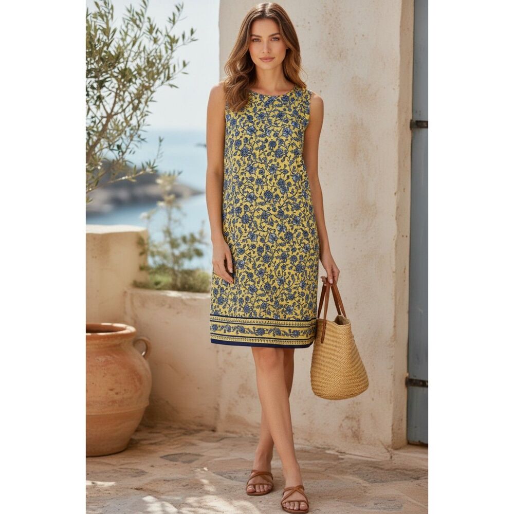J. Jill Love Linen Floral Shift Dress Yellow Blue Pockets Coastal Sz S